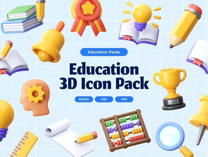 20款3D卡通开学季文具学校教育课程培训插图插画png免抠设计素材 Education 3D Icons