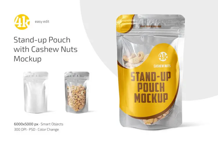 自立密封塑料腰果包装袋模型品牌标识设计贴图ps样机素材 Stand-up Pouch with Cashew Nuts Mockup