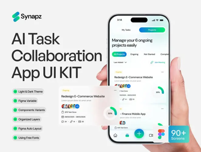 AI 任务协作办公平台效率管理App应用软件ui界面设计模版 Synapz – AI Task Collaboration App UI KIT