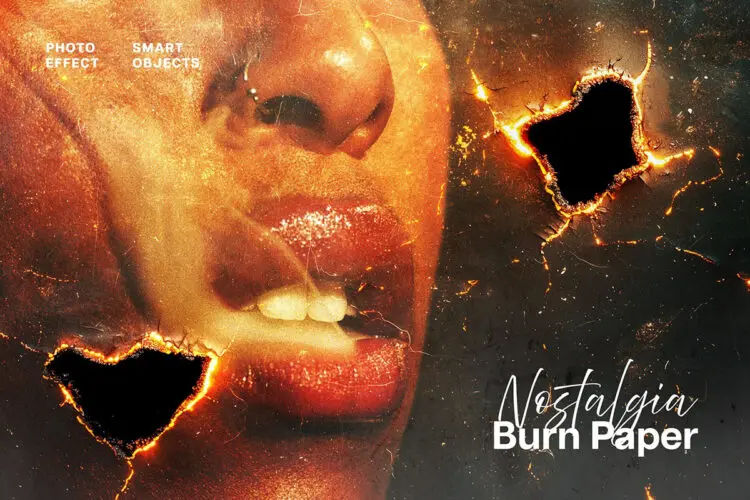 复古怀旧照片点燃烧毁失真滤镜ps特效样机素材预设模板 Nostalgia Burn Paper Photo Effect