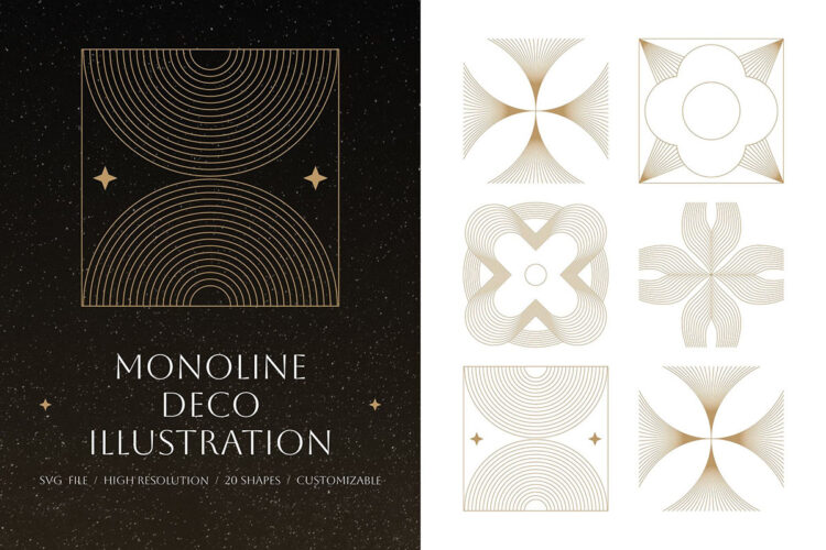 20款Monoline极简复古现代装饰艺术线条几何图形ai矢量设计素材 Monoline Deco Illustration Set