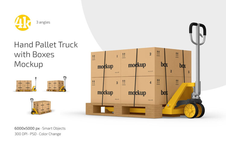 手推拖车上的纸盒纸箱模型品牌包装设计贴图ps样机素材 Hand Pallet Truck with Boxes Mockup Set