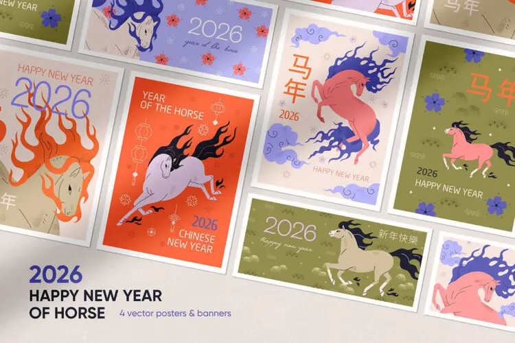 2026十二生肖午马年明信片贺卡套装海报设计Ai矢量设计素材 Happy New Year of Horse 2026 Cards Set