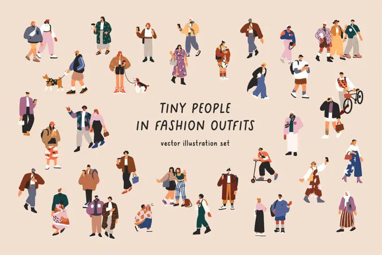 户外时尚休闲服饰扁平人物改色插图插画Ai矢量设计素材  Tiny People Crowd in Stylish Fashion Outfits Set