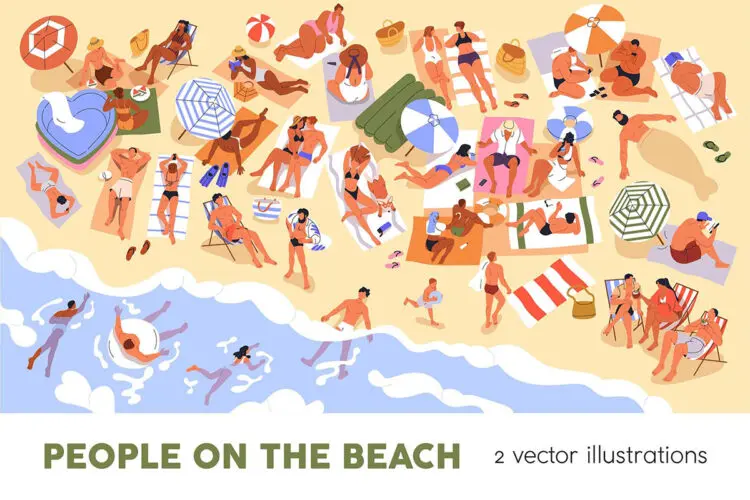 夏季海滩上休闲日光浴水中游泳扁平人物插图插画Ai矢量设计素材 People Relaxing on Sea Beach in Summer