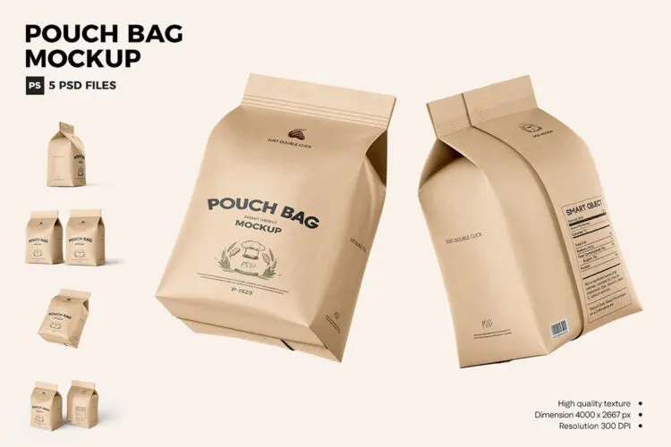 食品面包零食外卖打包牛皮纸袋模型品牌logo标识设计贴图ps样机素材 Takeaway Kraft Pouch Bag Mockup