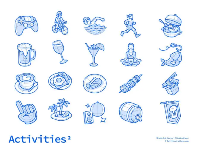 100 个游泳烹饪游戏露营音乐相关矢量活动插图 Activities Icons – Blueprint