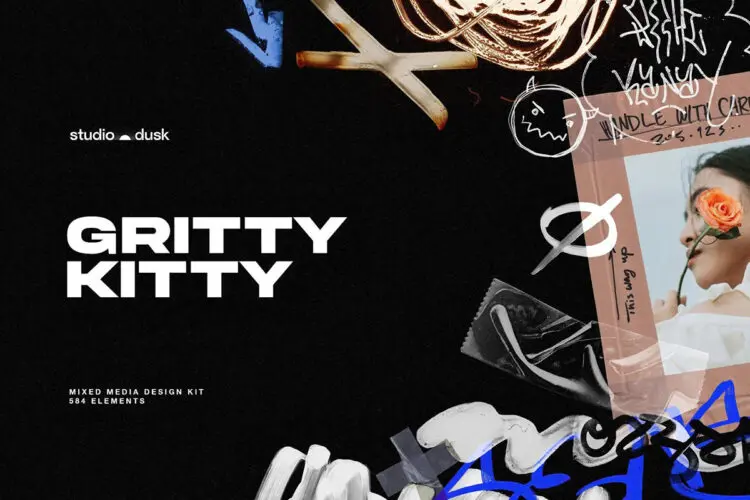 潮流复古手工字母胶带边框手绘涂鸦插画混合拼贴webp免抠图片素材 Gritty Kitty — Grunge Design Kit