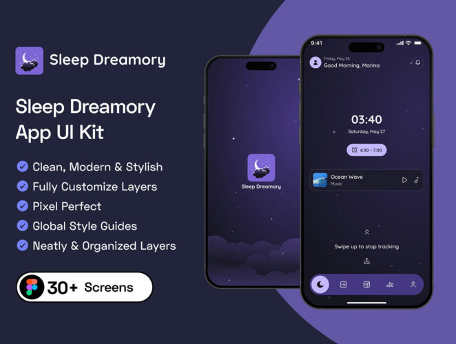 睡眠助眠冥想音乐播放器移动应用App设计用户界面ui套件模板 Sleep Dreamory App UI Kit