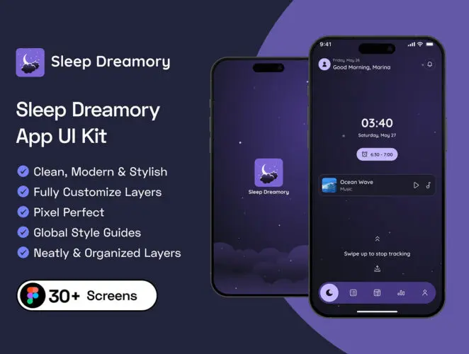 睡眠助眠冥想音乐播放器移动应用App设计用户界面ui套件模板 Sleep Dreamory App UI Kit