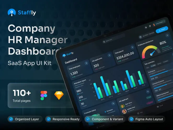 HR人力资源CRM后台数据统计分析管理系统UI界面fig套件模板 Staffly – Company HR Management SaaS Dashboard UI Kit