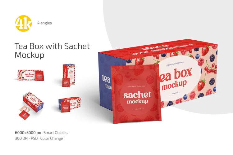 茶盒茶包模型品牌包装设计贴图ps样机素材模板 Tea Box with Sachet Mockup Set
