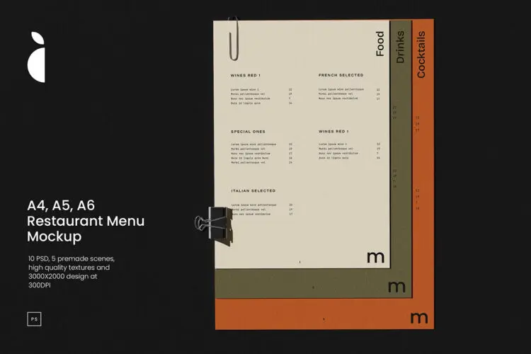 5款质感A4单页A5信纸A6菜单简历排版设计作品展示效果图ps样机 (SIM) Restaurant Menu Mockup