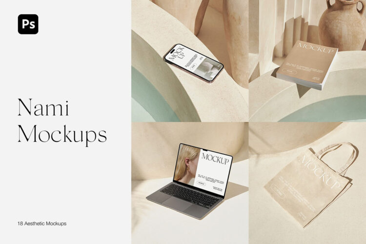 18款侘寂风iPhone手机Macbook笔记本电脑帆布包书籍封面ps样机 Nami Collection 18 Mockups