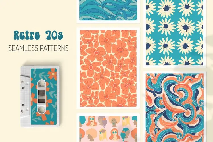 20款70年代复古时尚自然花卉度假无缝拼接图案设计ai矢量设计素材 Retro 70s Seamless Patterns vol 1