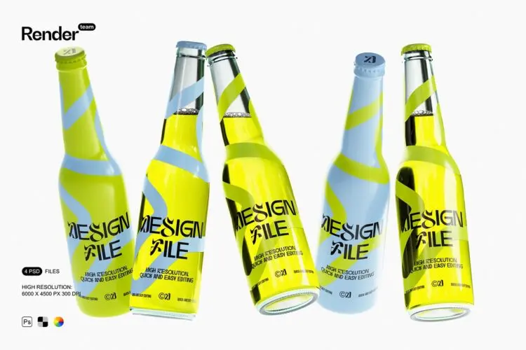 4款苏打水汽酒饮料啤酒玻璃瓶子包装设计展示效果图ps样机素材 Soda / Beer Bottle Mockup Set