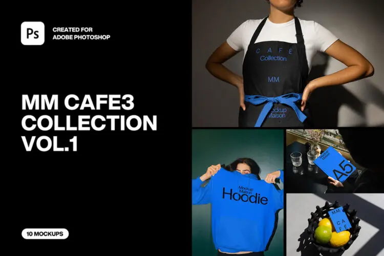 10款围裙卫衣杯垫名片单页卡片画册设计作品场景展示效果图ps样机 MM Cafe3 Collection VOL-1