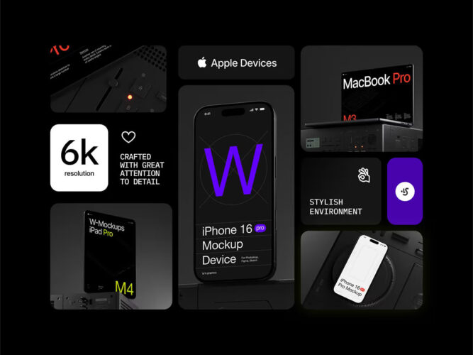 16款工业风iPhone16手机iPad平板Macbook笔记本电脑ps样机素材 W-Mockups, Apple Devices