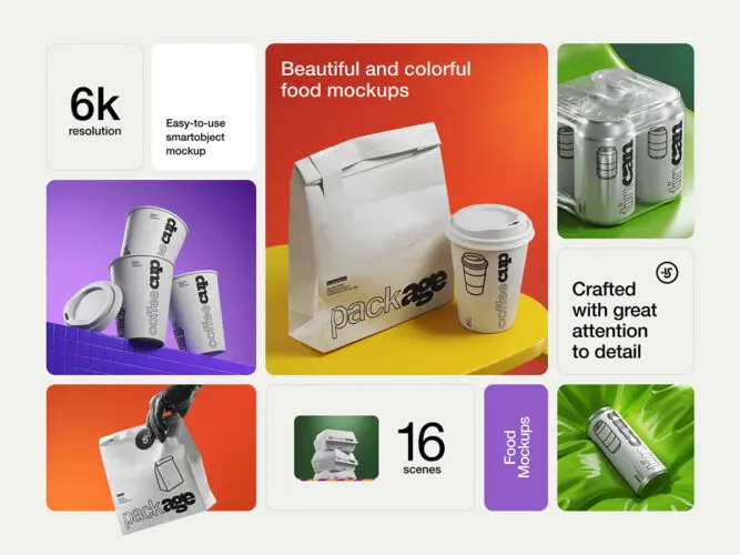 16款外卖食品包装袋打包盒纸杯拎袋快餐包装设计展示效果图ps样机 Food Packages Mockups