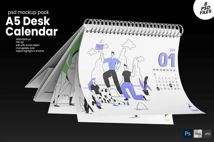 日历月历台历模型展示设计贴图ps样机素材模板 A5 Ring Desk Calendar Mockup Set