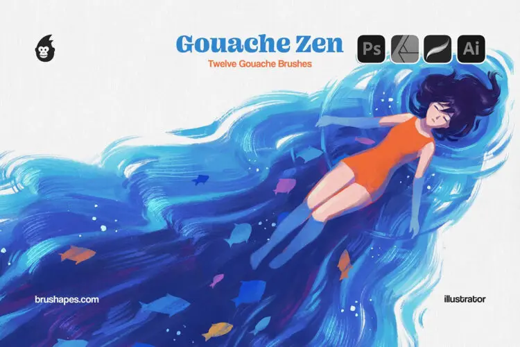 12款经典水粉水彩数字艺术绘画Ps/Ai/Procreate/Affinity笔刷画笔+调色板素材套装 Gouache Zen Brushes