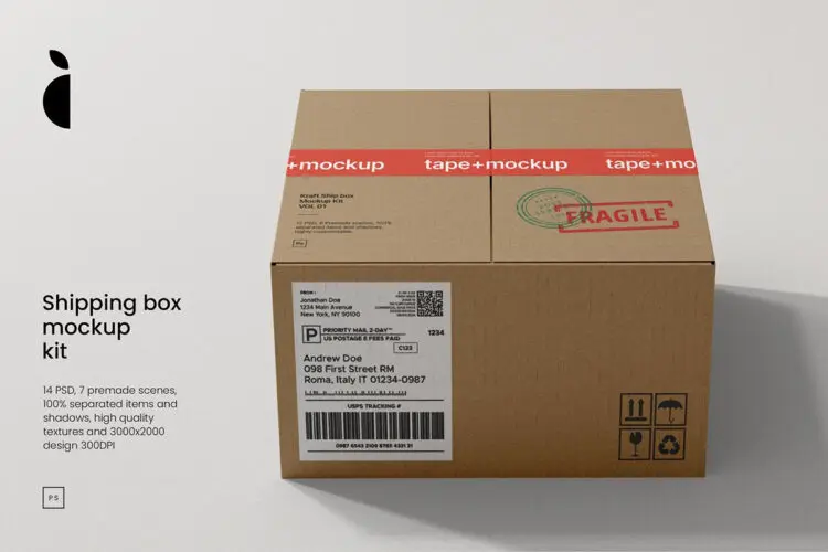 7款纸箱快递物流打包盒箱子纸盒胶带包装设计展示效果图ps样机 (ADV) Shipping Box Mockup Kit