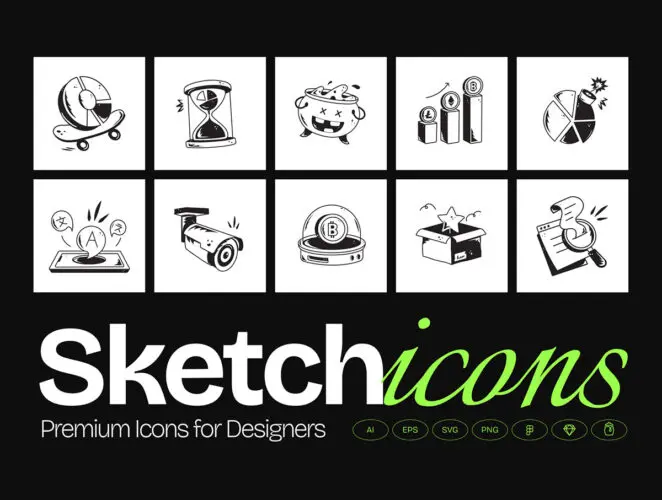1455款黑白草图素描涂鸦创意图标icon素材Ps改色Ai矢量源文件 Sketch Icons