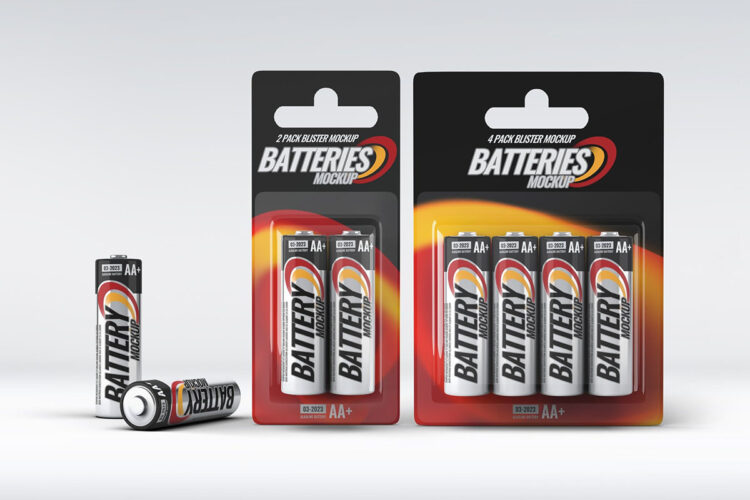 逼真塑料泡罩电池包装模型品牌logo标识设计贴图ps样机素材 Battery Blister Pack Mock-Up
