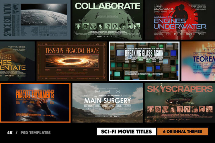 6款复古科幻未来电影艺术海报标题文字排版PSD分层源文件 Sci-Fi Movie Titles