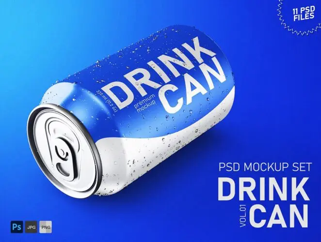 11款330ml冰镇饮料金属易拉罐模型品牌包装设计贴图psd样机素材 Drink Can 330ml PSD Mockup Set