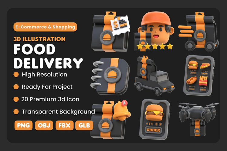 20个外卖点单送餐服务场景展示3D图标icon素材 Food Delivery 3D icon