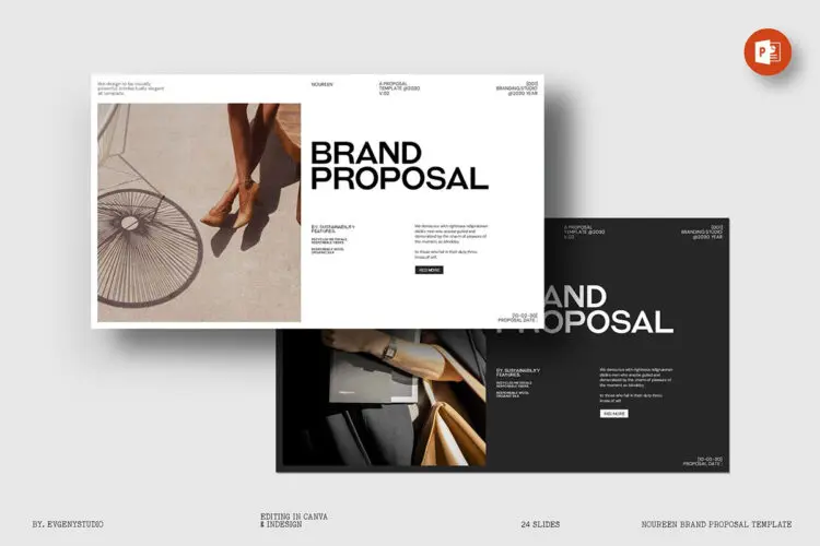 24页现代时尚简约品牌提案创意设计师简历汇报作品集ppt演示模板 Noureen Brand Proposal PowerPoint Template