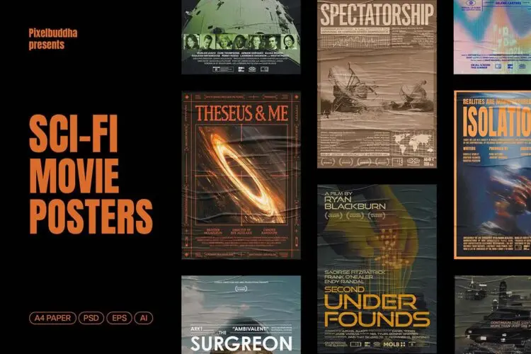 6款潮流复古科幻电影海报杂志画册封面排版设计ai版式素材模板 Sci-Fi Movie Posters