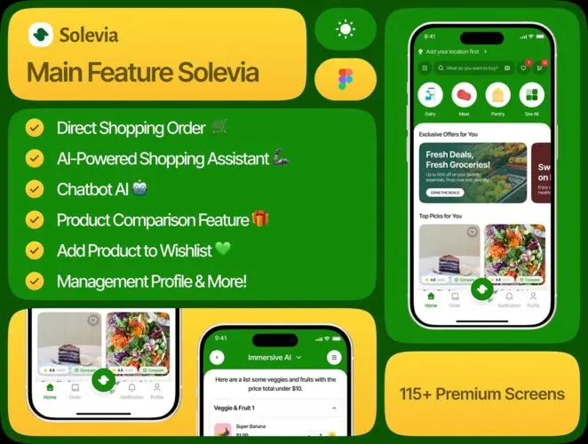 115屏优质人工智能大数据Ai电商用户界面app设计ui套件模板 Solevia – AI Grocery Shopping App