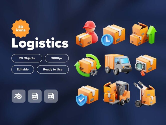 20个货物运输物流配送场景演示png免抠图3D图标icon素材 3D Logistics