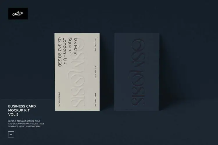 7款质感商务名片卡片浮雕凹凸印刷设计作品展示效果图ps样机素材 Osmosis – Business Card Mockup V5