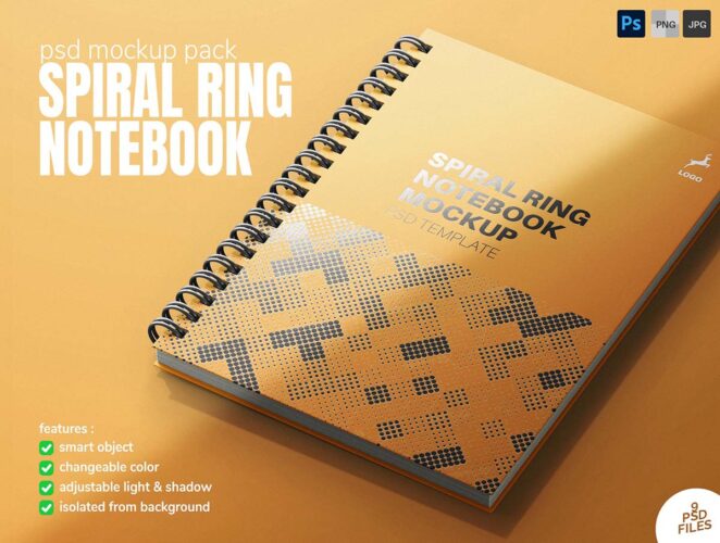 圈装螺旋笔记本记事本备忘录模型封面设计贴图ps文具样机素材模板 Spiral Ring Notebook PSD Mockup Set