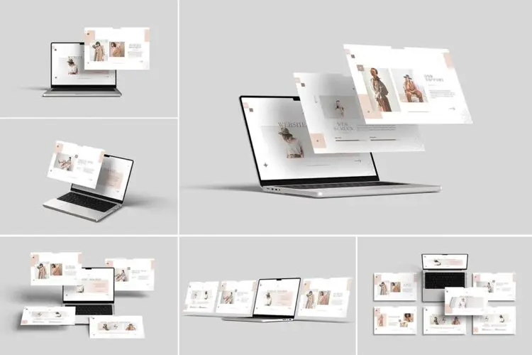 6款3D简约时尚网页UI网站页面设计作品集展示效果图ps样机素材 Laptop Screen Website Mockup
