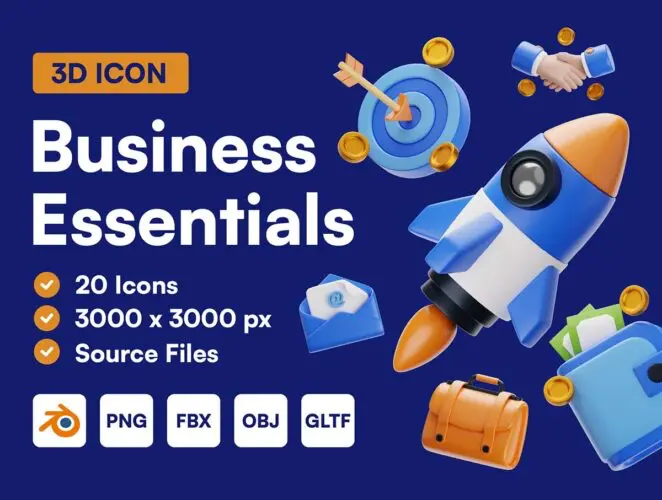 20个企业战略目标商务合作要点提案演示3D图标icon设计素材 Business Essentials 3D Icon Set