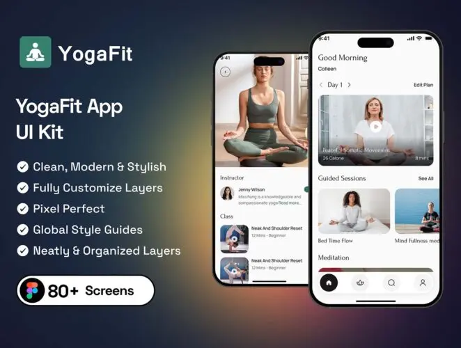 用于瑜伽和健身应用程序的高级 Figma 设计系统 YogaFit App UI Kit