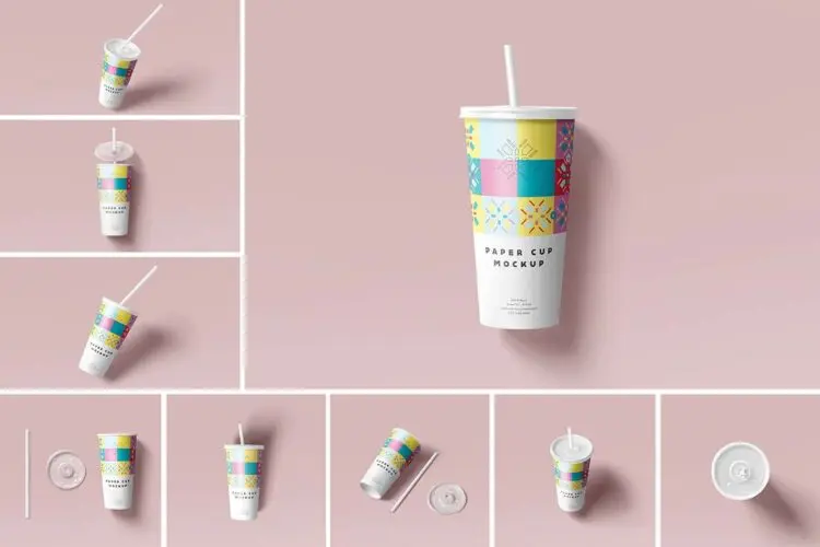 带吸管的苏打水纸杯模型品牌logo标识设计贴图ps样机素材 Soda Cup Mockup