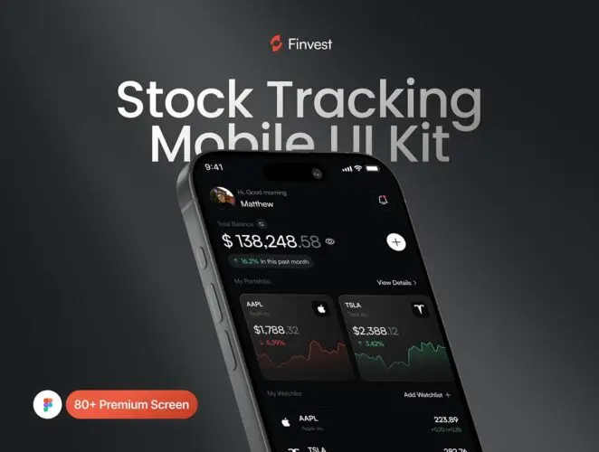 80+屏暗黑风格金融理财股票app用户界面ui套件设计figma模板素材 Finvest – Stock Mobile App