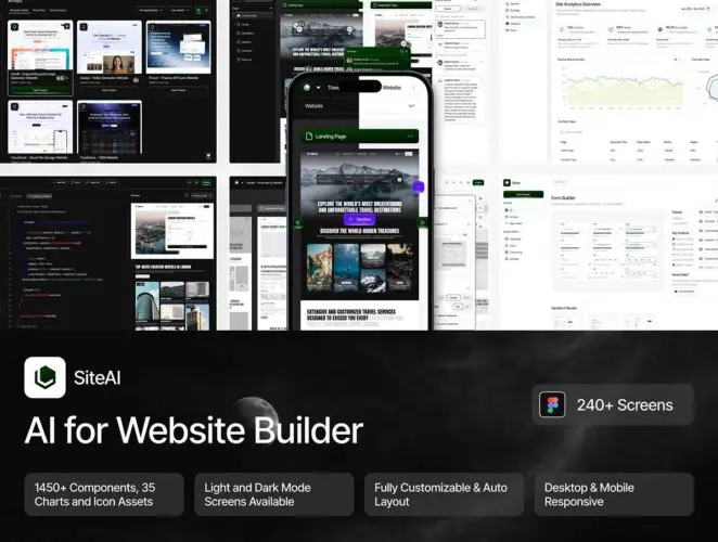 适用于 SaaS 项目的高质量 AI 仪表板 UI 套件 SiteAI – AI for Website Builder UI Kit