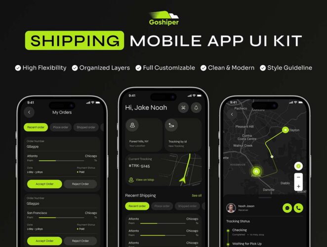 物流快递运输和交付移动的应用程序 UI 套件Goshiper – Shipping & Delivery Mobile App UI Kit
