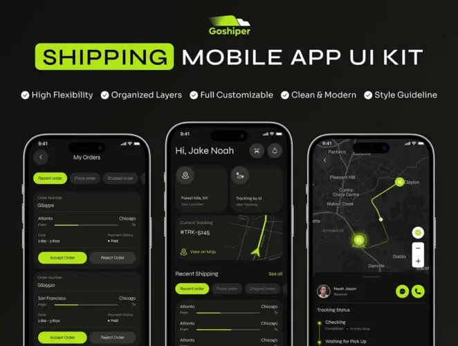 物流快递运输和交付移动的应用程序 UI 套件Goshiper – Shipping & Delivery Mobile App UI Kit