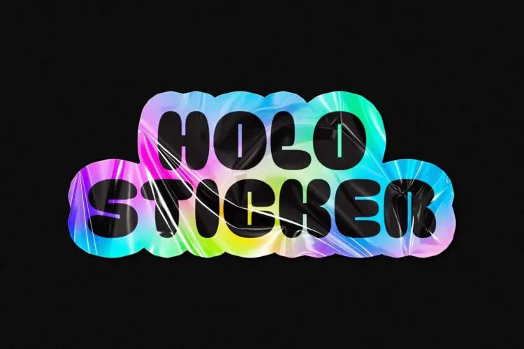 高清潮流复古怀旧镭射防伪不干胶贴纸字体描边特效国外设计素材 Iridescent Holo Sticker Mockup
