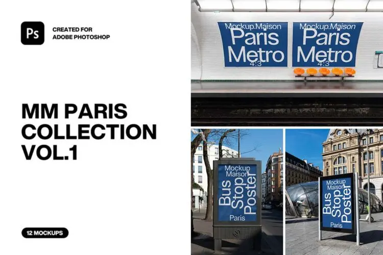 12款法国巴黎城市街拍灯箱广告牌海报设计作品展示效果图ps样机 Paris Collection Vol