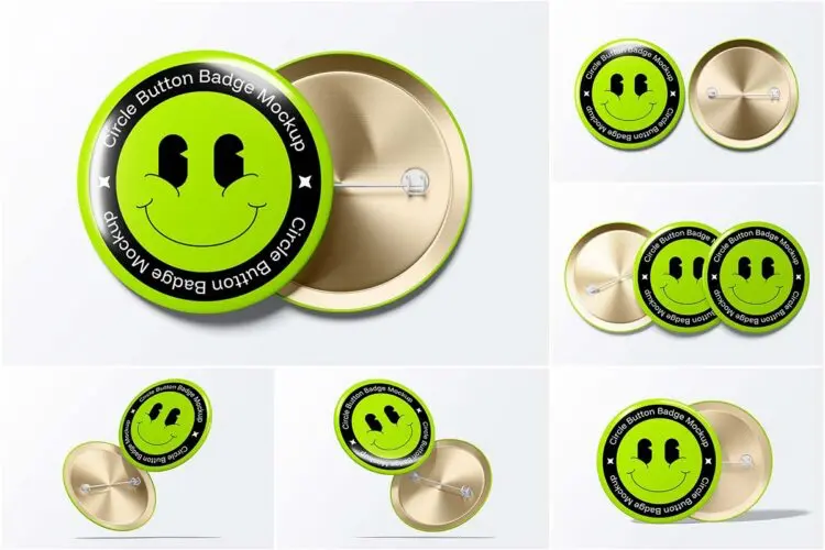 圆形金属胸章别针模型品牌标识印花图案设计贴图ps样机素材 Button Badge Mockup