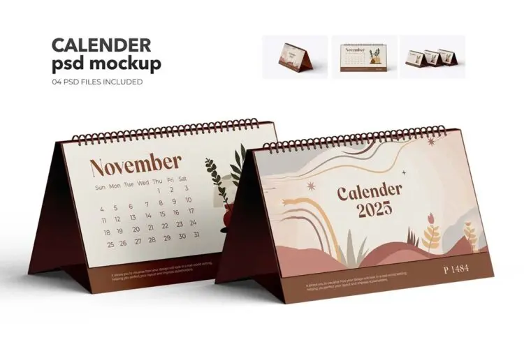 9款圈装立式日历月历台历模型品牌展示设计贴图ps文具样机素材模板 Spiral Desk Calendar Mockup