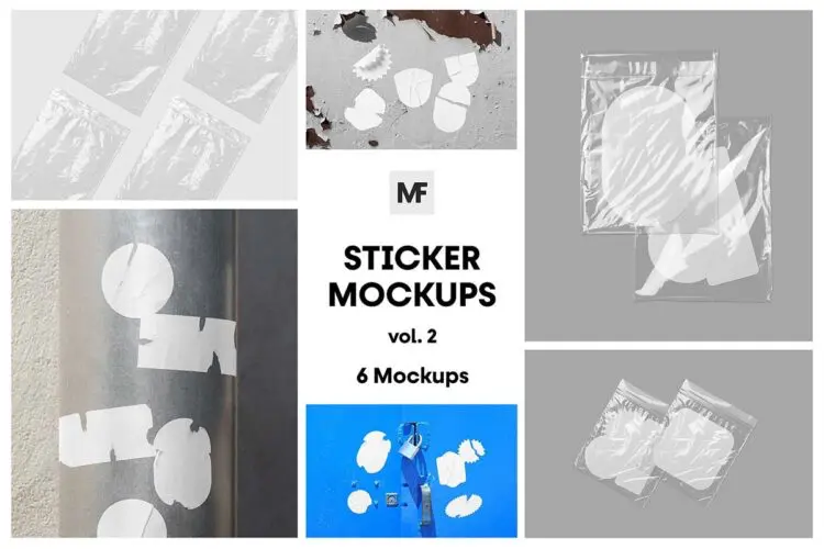 胶合撕裂贴纸透明包装袋模型展示设计贴图ps样机素材模板 Sticker Set Mockups vol.2